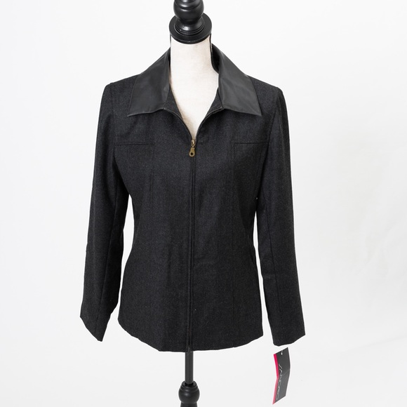 Sandro 100% wool black charcoal zipper front jacket with faux leather collar 10 - Picture 10 of 14